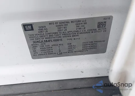 2015 Chevrolet Trax Lt z USA, uszkodzony, nr VIN 3GNCJLSB4FL189815